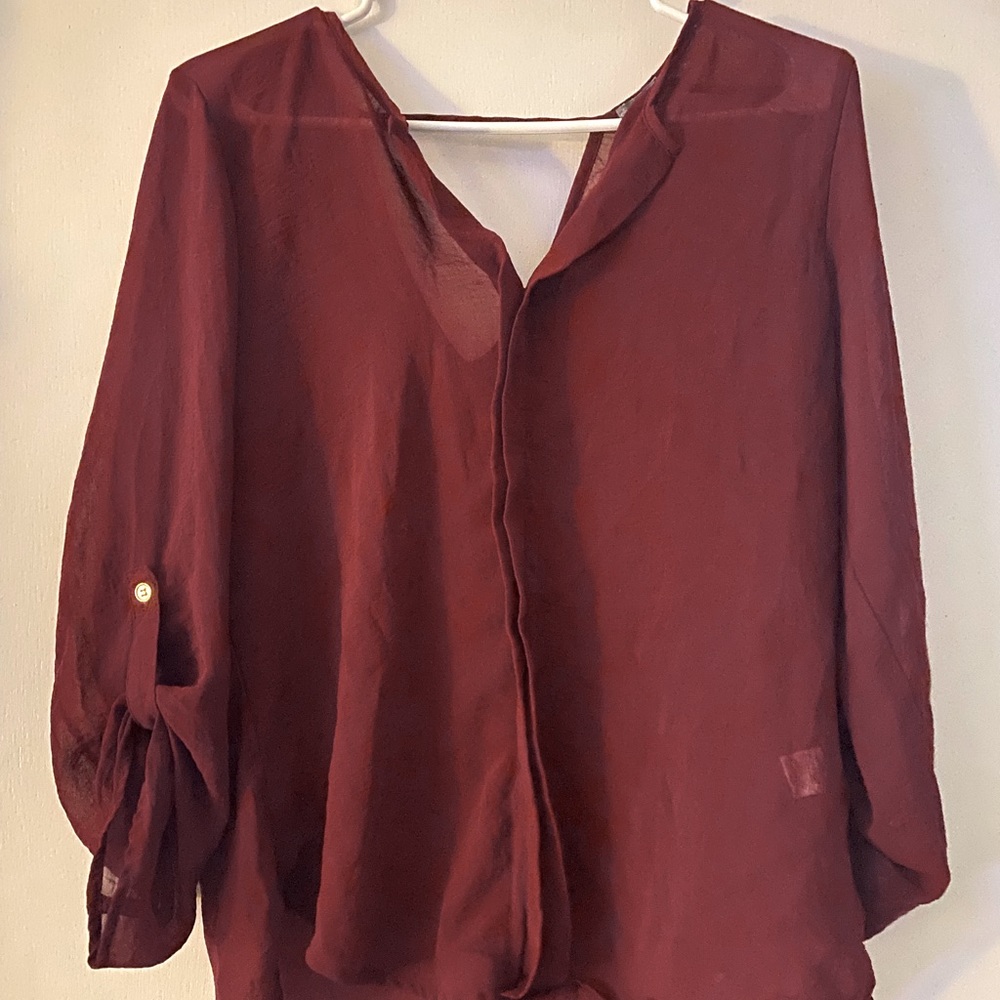 Size M Charlotte Russe Burgundy semi-sheer blouse with gold-color buttons